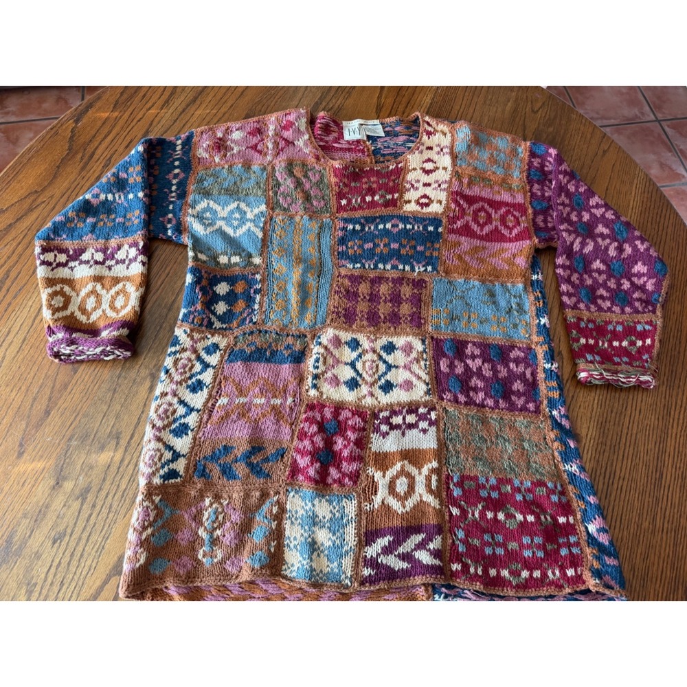 Ivy Hand Knit Patchwork Tunic Sweater Womens Large Ramie Cotton Boho Fair Isle